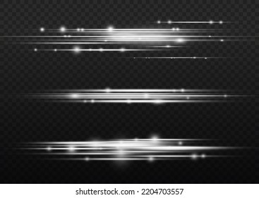 Particle motion effect. Magic of moving fast lines. Silver special effect, speed line. Laser beams, horizontal white light rays. Beautiful glow light flare and spark. Vector illustration.