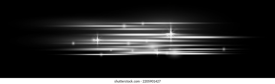 Particle motion effect. Magic of moving fast lines. Silver special effect, speed line. Laser beams, horizontal white light rays. Beautiful glow light flare and spark. Vector illustration.