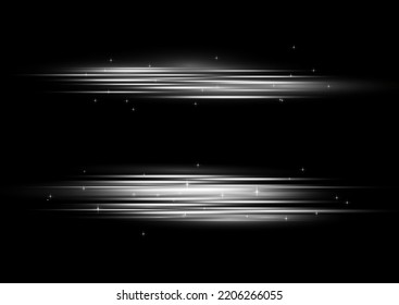 Particle motion effect. Magic of moving fast lines. Silver special effect, speed line. Laser beams, horizontal white light rays. Beautiful glow light flare and spark. Vector illustration.