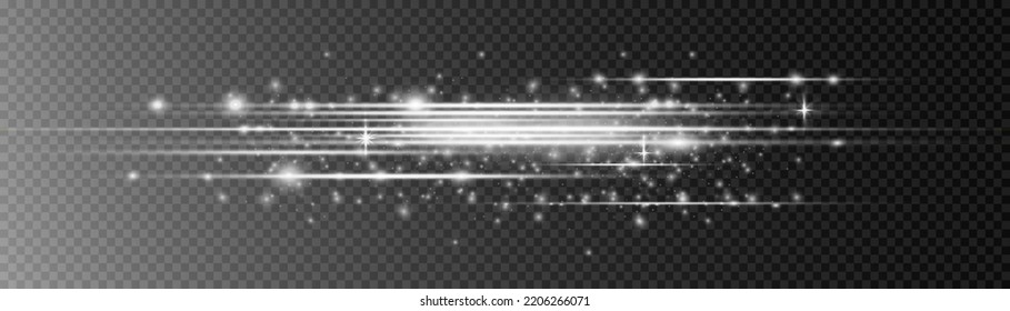 Particle motion effect. Magic of moving fast lines. Silver special effect, speed line. Laser beams, horizontal white light rays. Beautiful glow light flare and spark. Vector illustration.