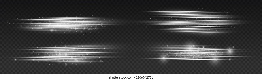 Particle motion effect. Magic of moving fast lines. Silver special effect, speed line. Laser beams, horizontal white light rays. Beautiful glow light flare and spark. Vector illustration.