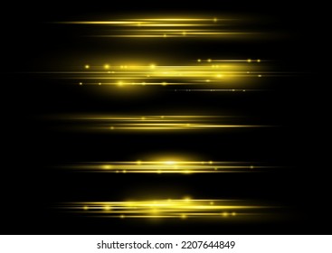 Particle motion effect. Magic of moving fast lines. Golden special effect, speed line. Laser beams, horizontal yellow light rays. Beautiful glow gold light flare and spark. Vector illustration.