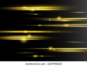 Particle motion effect. Magic of moving fast lines. Golden special effect, speed line. Laser beams, horizontal yellow light rays. Beautiful glow gold light flare and spark. Vector illustration.