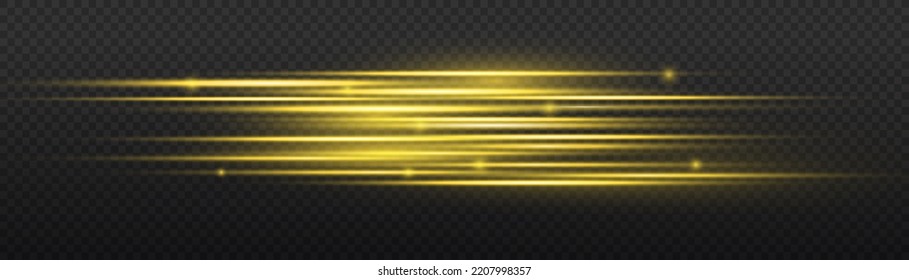 Particle motion effect. Magic of moving fast lines. Golden special effect, speed line. Laser beams, horizontal yellow light rays. Beautiful glow gold light flare and spark. Vector illustration.