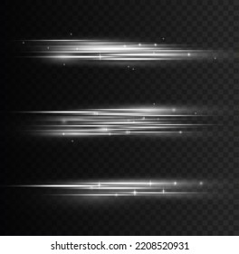 Particle motion effect. Magic of moving fast lines. Silver special effect, speed line. Laser beams, horizontal white light rays. Beautiful glow light flare and spark. Vector illustration.