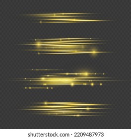 Efecto de movimiento de partículas. Magia de mover líneas rápidas. Efecto especial de oro, línea de velocidad. Vigas láser, rayos de luz amarillos horizontales. Hermoso resplandor de luz dorada y polvo de chispa. Ilustración vectorial.