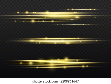 Particle motion effect. Magic of moving fast lines. Golden special effect, speed line. Laser beams, horizontal yellow light rays. Beautiful glow gold light flare and spark dust. Vector illustration.
