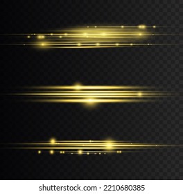 Particle motion effect. Magic of moving fast lines. Golden special effect, speed line. Laser beams, horizontal yellow light rays. Beautiful glow gold light flare and spark dust. Vector illustration.