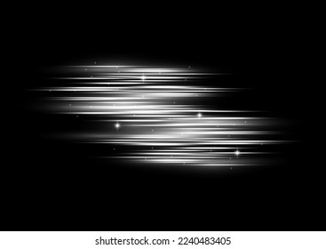 Particle motion effect. Magic of moving fast lines. Silver special effect, speed line. Laser beams, horizontal white light rays. Beautiful glow light flare and spark. Vector illustration.