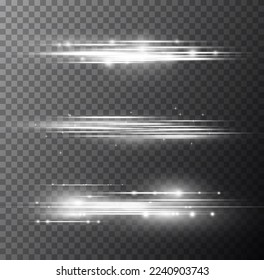 Particle motion effect. Magic of moving fast lines. Silver special effect, speed line. Laser beams, horizontal white light rays. Beautiful glow light flare and spark. Vector illustration.