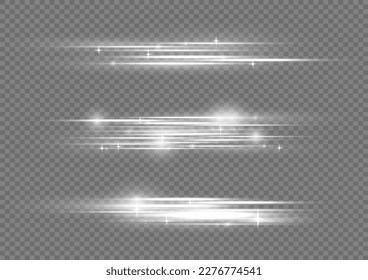 Particle motion effect. Magic of moving fast lines. Silver special effect, speed line. Laser beams, horizontal white light rays. Beautiful glow light flare and spark. Vector illustration.