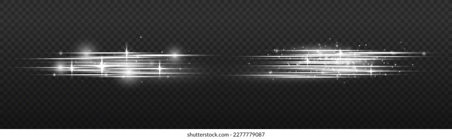 Particle motion effect. Magic of moving fast lines. Silver special effect, speed line. Laser beams, horizontal white light rays. Beautiful glow light flare and spark. Vector illustration.