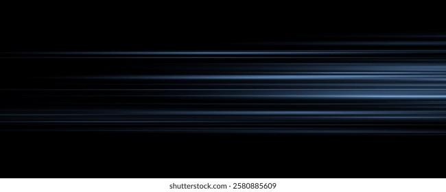 Particle motion effect. Magic of moving fast lines. Png special effect, speed line. Laser beams, horizontal light rays. Glowing flare spark and flash lights, luminous trail.