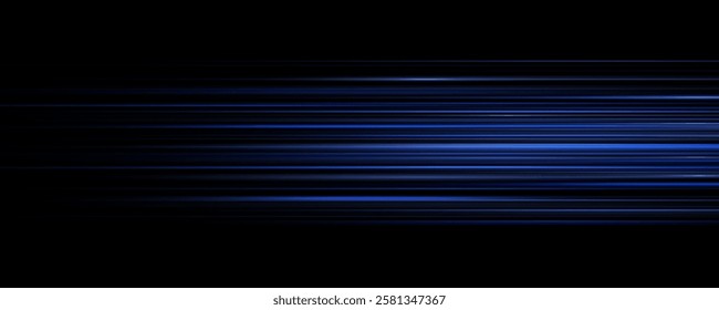 Particle motion effect. Magic of moving fast lines. Png special effect, speed line. Laser beams, horizontal light rays. Glowing flare spark and flash lights, luminous trail.