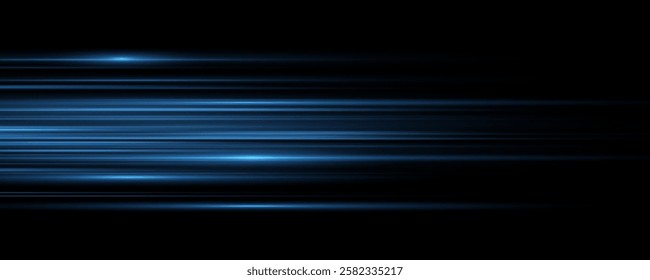 Particle motion effect. Magic of moving fast lines. Png special effect, speed line. Laser beams, horizontal light rays. Glowing flare spark and flash lights, luminous trail.