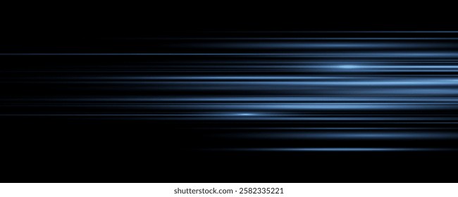 Particle motion effect. Magic of moving fast lines. Png special effect, speed line. Laser beams, horizontal light rays. Glowing flare spark and flash lights, luminous trail.