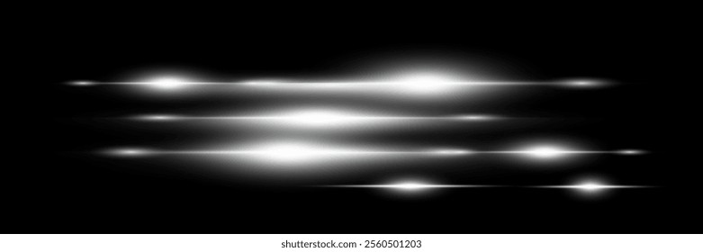 Particle motion effect.Laser beams, horizontal white light rays.Vector illustration on black background.