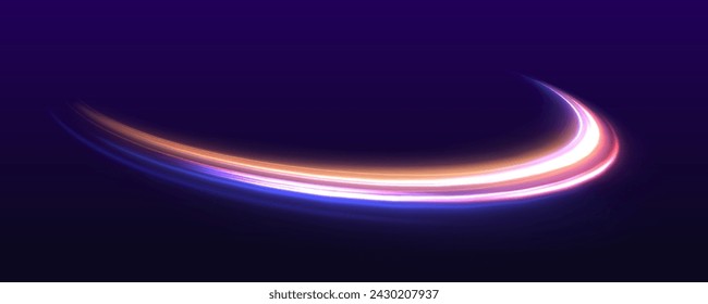 Particle motion light effect. Abstract fire flare trace lens flares. Long exposure of motorways as speed. Night motorway with light effects in neon colors purple.	