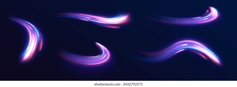 Particle motion light effect. Abstract fire flare trace lens flares. Long exposure of motorways as speed. Night motorway with light effects in neon colors purple.	