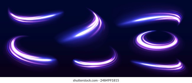 Efecto de luz de movimiento de partículas. Destellos Abstractas de la lente de traza del fuego. Larga exposición de las autopistas como velocidad. Autopista nocturna con efectos de luz en colores neón púrpura.	