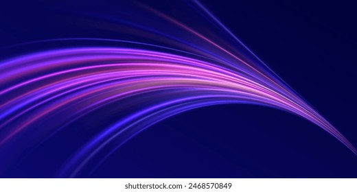 Particle motion light effect. Cyberpunk light trails in motion or light slow shutter effect. Acceleration speed motion on night road.	