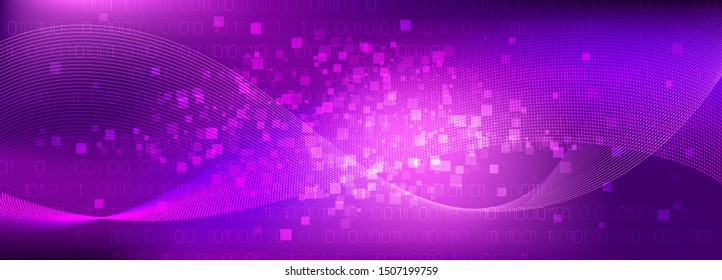 Particle Motion. Purple Big Data Stream. Light Tech Poster. Binary Matrix Background. Particle Future. Violet Big Data Concept. Tech Banner. Neon Binary Numbers Movement. Digital Particles.