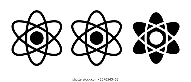 Ícone da física de partículas. Símbolo de átomo. Ícone simples em preto e branco. Frequentemente usado para representar conceitos relacionados à ciência, tecnologia e energia.
