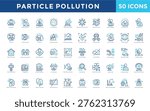 Particle pollution icon set with smog cloud, airborne particles, respiratory hazard, dust dispersion, polluted atmosphere, microscopic contaminants icon. Simple outline color vector 
