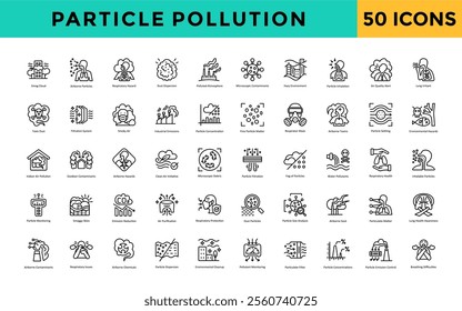 Particle pollution icon set with smog cloud, airborne particles, respiratory hazard, dust dispersion, polluted atmosphere, microscopic contaminants, hazy environment icon. Simple line vector 
