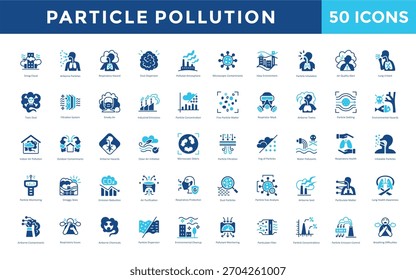 Ícone de poluição de partículas definido com nuvem de smog, partículas transportadas pelo ar, risco respiratório, dispersão de poeira, atmosfera poluída, contaminantes microscópicos, ícone de ambiente nebuloso. Vetor plano simples 
