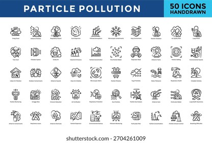 Ícone de poluição de partículas definido com nuvem de smog, partículas transportadas pelo ar, risco respiratório, dispersão de poeira, atmosfera poluída, contaminantes microscópicos, ícone de ambiente nebuloso. Vetor desenhado à mão simples 
