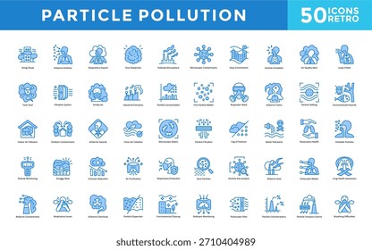 Ícone de poluição de partículas definido com nuvem de smog, partículas transportadas pelo ar, risco respiratório, dispersão de poeira, atmosfera poluída, contaminantes microscópicos, ícone de ambiente nebuloso. Vetor retrô simples 
