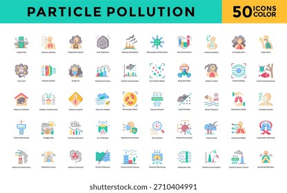 Ícone de poluição de partículas definido com nuvem de smog, partículas transportadas pelo ar, risco respiratório, dispersão de poeira, atmosfera poluída, contaminantes microscópicos, ícone de ambiente nebuloso. Vetor de cores simples 
