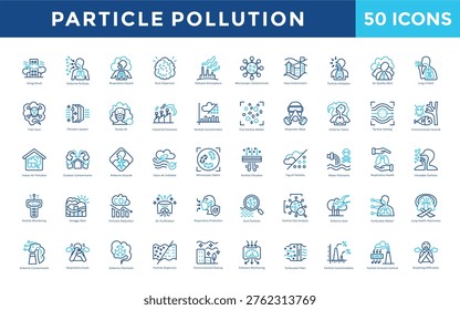 Particle pollution icon set with smog cloud, airborne particles, respiratory hazard, dust dispersion, polluted atmosphere, microscopic contaminants icon. Simple outline color vector 
