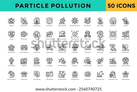 Particle pollution icon set with smog cloud, airborne particles, respiratory hazard, dust dispersion, polluted atmosphere, microscopic contaminants, hazy environment icon. Simple line vector 
