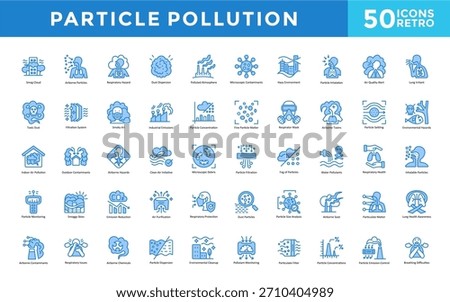 Particle pollution icon set with smog cloud, airborne particles, respiratory hazard, dust dispersion, polluted atmosphere, microscopic contaminants, hazy environment icon. Simple retro vector 
