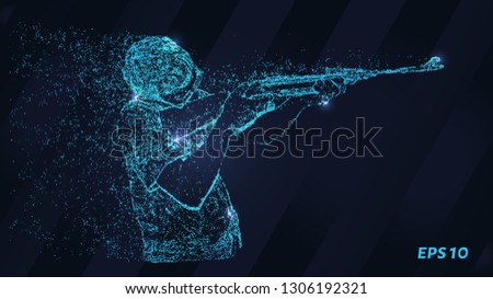 Particle shooter on a dark background. A man with a rifle of circles and dots