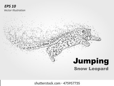 Particle silhouette of jumping snow leopard. The layout of the leaping leopard consisting of points. Snow Leopard vector illustration logo, sign, emblem on blue background -stock vector illustration.