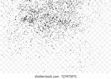 Particle spray, dust and dots, random molecules. Black on transparent background explosion of glitter and sparkles. Grainy textured template birthday card, holidays invitation flyer. Vector.