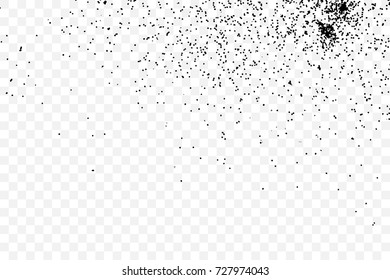 Particle spray, dust and dots, random molecules. Black on transparent background explosion of glitter and sparkles. Grainy textured template birthday card, holidays invitation flyer. Vector.