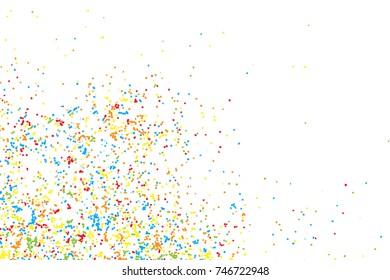 Particle spray, dust and dots, random molecules. Colour on white explosion of glitter and sparkles. Grainy textured template design for craft paper, birthday card, holidays invitation flyer. Vector.