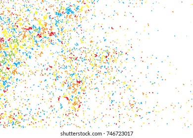 Particle spray, dust and dots, random molecules. Colour on white explosion of glitter and sparkles. Grainy textured template design for craft paper, birthday card, holidays invitation flyer. Vector.