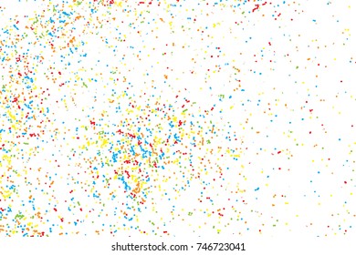 Particle spray, dust and dots, random molecules. Colour on white explosion of glitter and sparkles. Grainy textured template design for craft paper, birthday card, holidays invitation flyer. Vector.