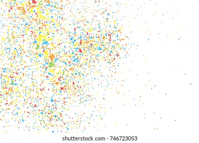 Particle spray, dust and dots, random molecules. Colour on white explosion of glitter and sparkles. Grainy textured template design for craft paper, birthday card, holidays invitation flyer. Vector.