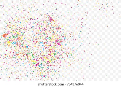 Particle spray, dust and dots, random molecules. Colour on transparent background explosionof glitter and sparkles. Grainy textured template birthday card, holidays invitation flyer. Vector.