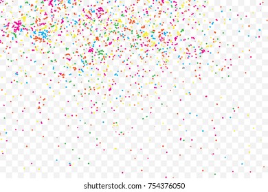 Particle spray, dust and dots, random molecules. Colour on transparent background explosionof glitter and sparkles. Grainy textured template birthday card, holidays invitation flyer. Vector.