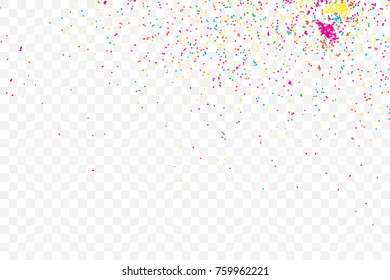 Particle spray, dust and dots, random molecules. Colour on transparent background explosionof glitter and sparkles. Grainy textured template birthday card, holidays invitation flyer. Vector.