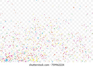 Particle spray, dust and dots, random molecules. Colour on transparent background explosionof glitter and sparkles. Grainy textured template birthday card, holidays invitation flyer. Vector.