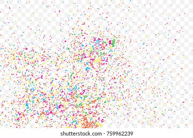 Particle spray, dust and dots, random molecules. Colour on transparent background explosionof glitter and sparkles. Grainy textured template birthday card, holidays invitation flyer. Vector.