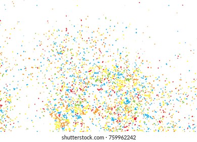 Particle spray, dust and dots, random molecules. Colour on white explosion of glitter and sparkles. Grainy textured template design for craft paper, birthday card, holidays invitation flyer. Vector.